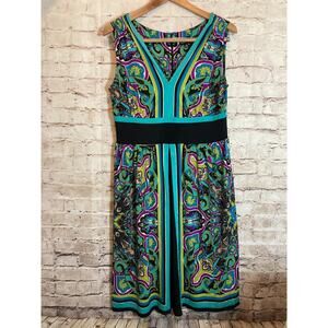 Soho Apparel Midi Dress Womens 10 Turquoise Paisley Sheath Stretchy V Neck